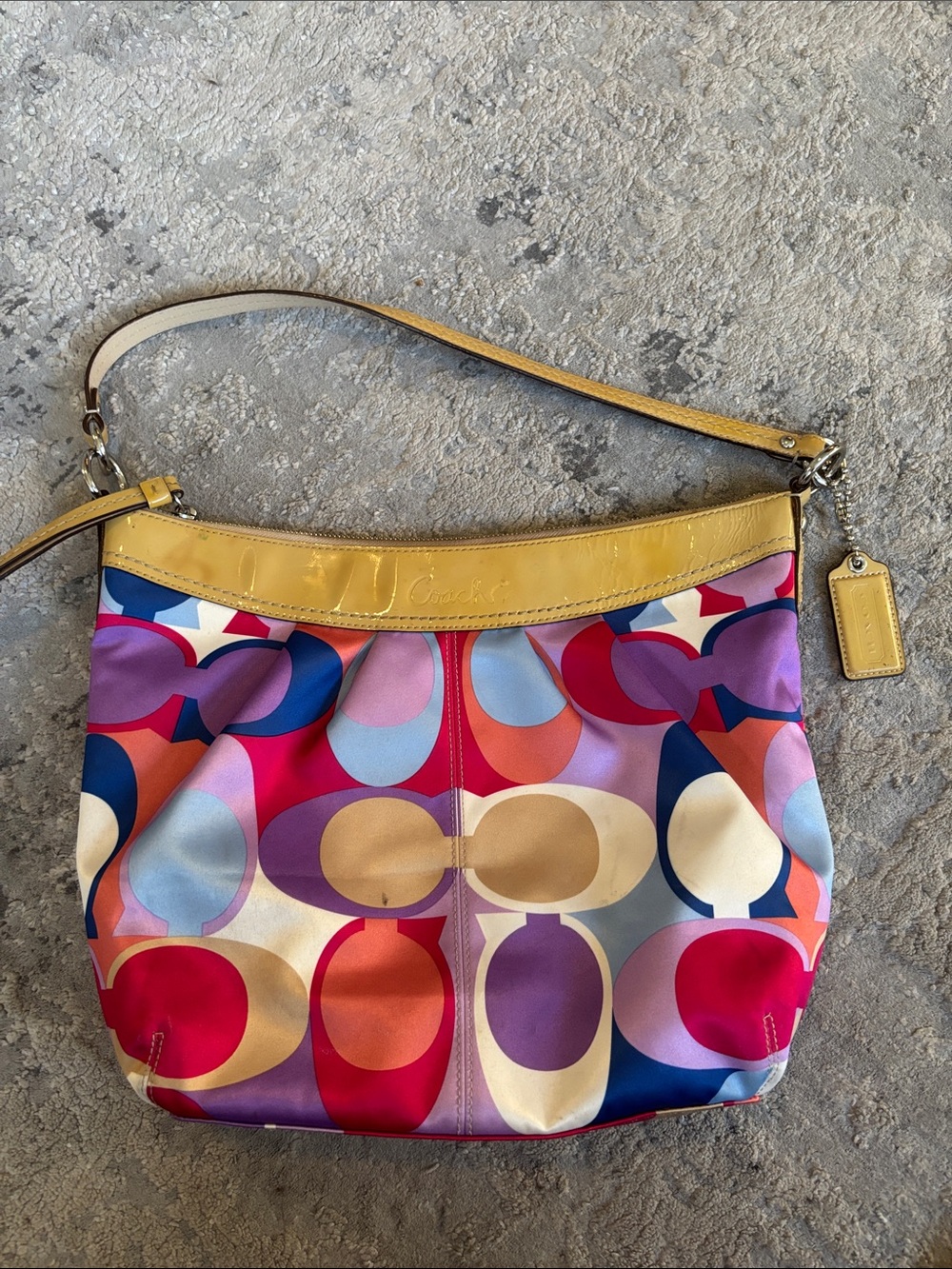 Coach Multicolor Signature Circle Print Shoulder Bag with Yellow Trim